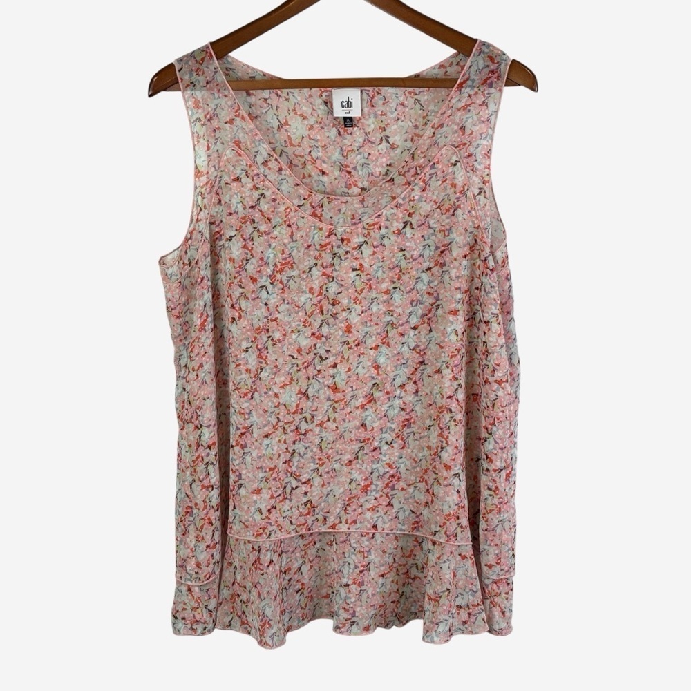 CAbi Bella Lightweight Pink Floral V-Neck Layered Tank Top Size M 5032